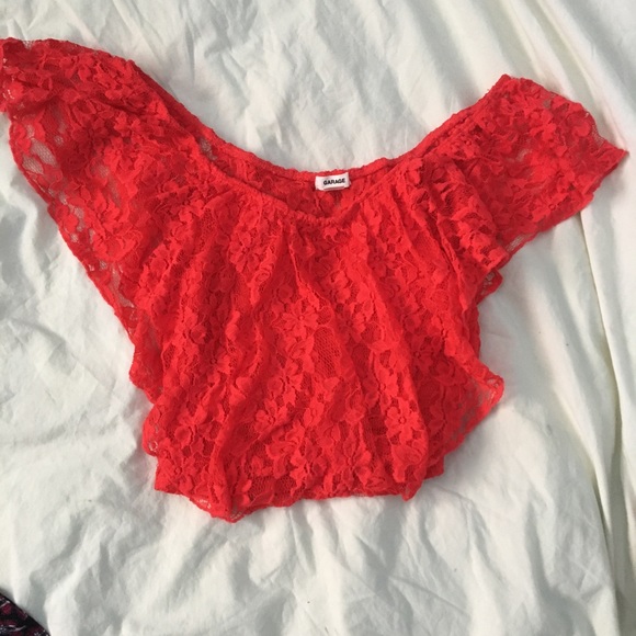 Red lace crop top flowy off shoulder bright XS - Picture 3 of 3